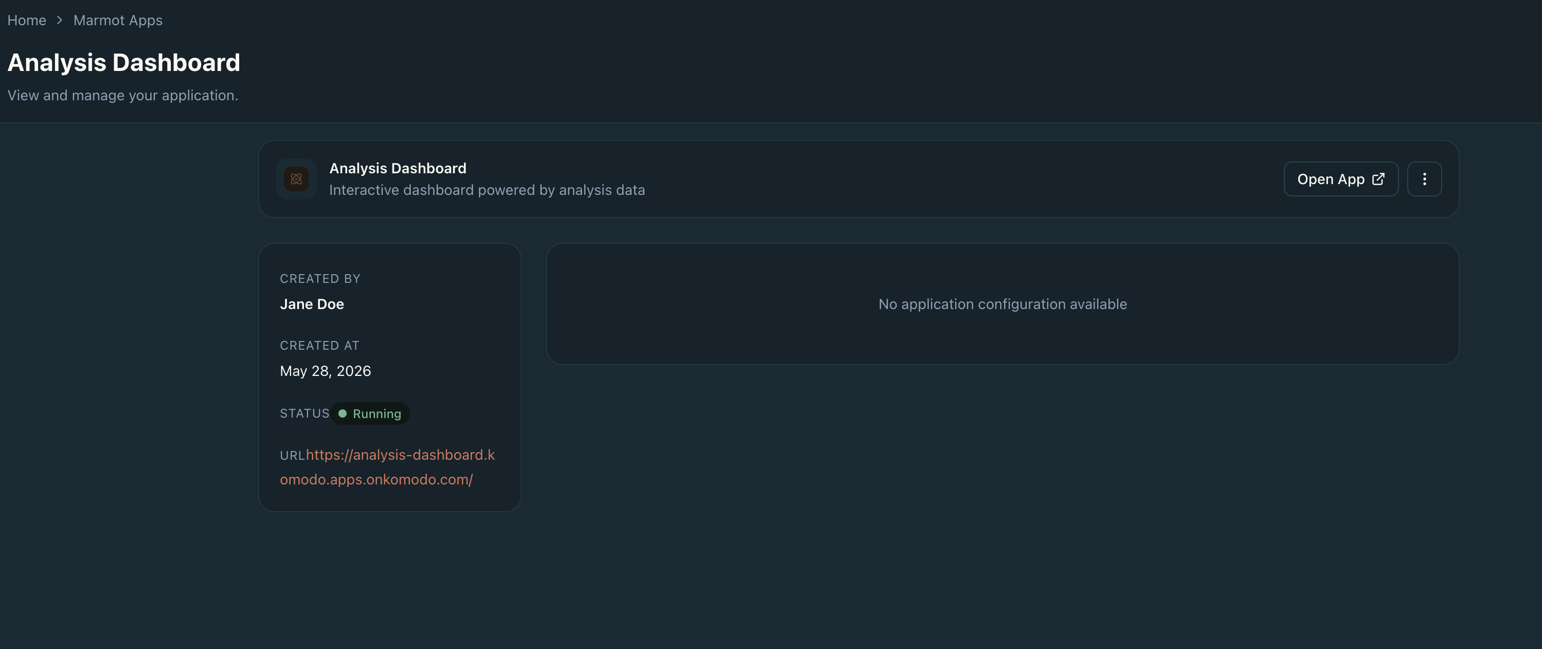 App details — devfile contents, status, URL, and components