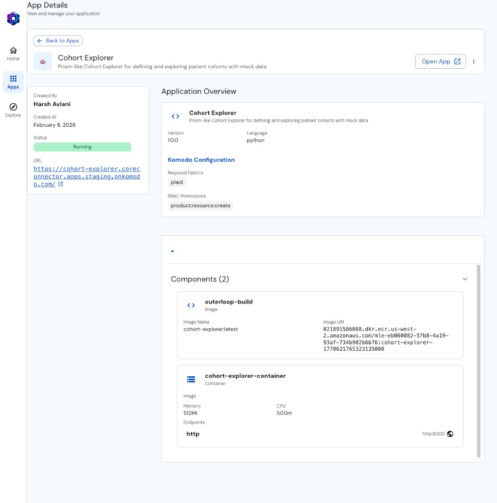 Launchpad app details — devfile contents, status, URL, and components
